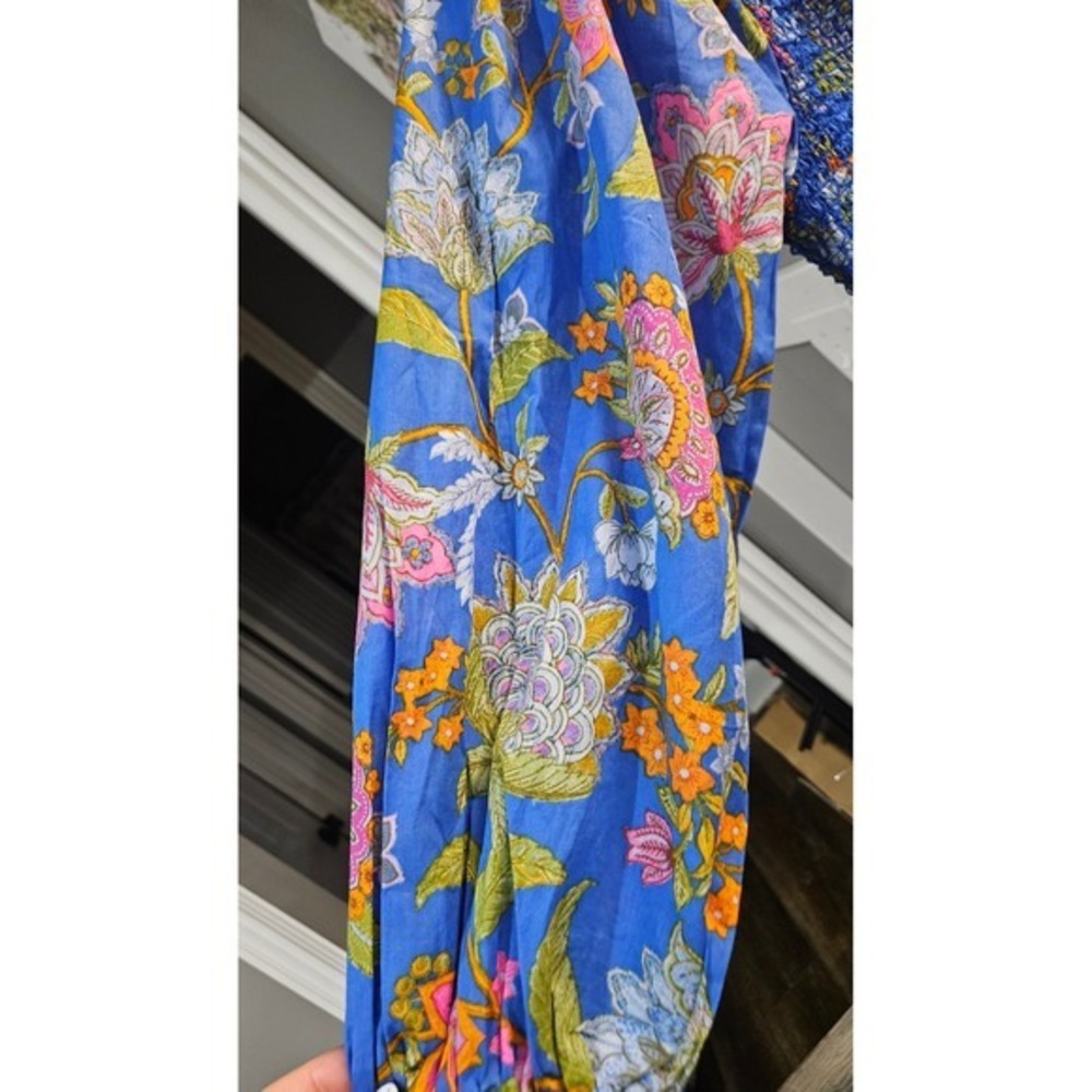Vivid Blue cottagecore boho floral Smocked Mini Dress Long Puff Sleeve Womens L - Picture 5 of 9